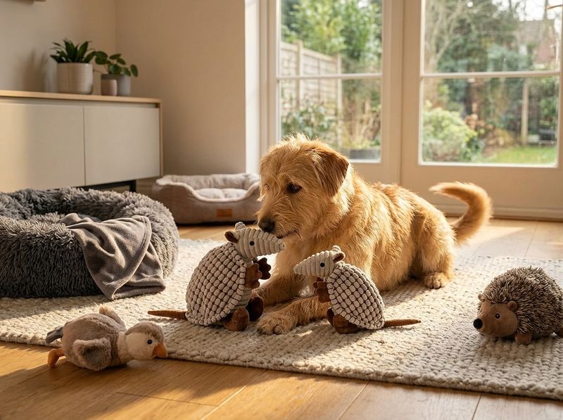 Gray puppy carrying an 8-inch gray plush armadillo toy across a living-room carpet