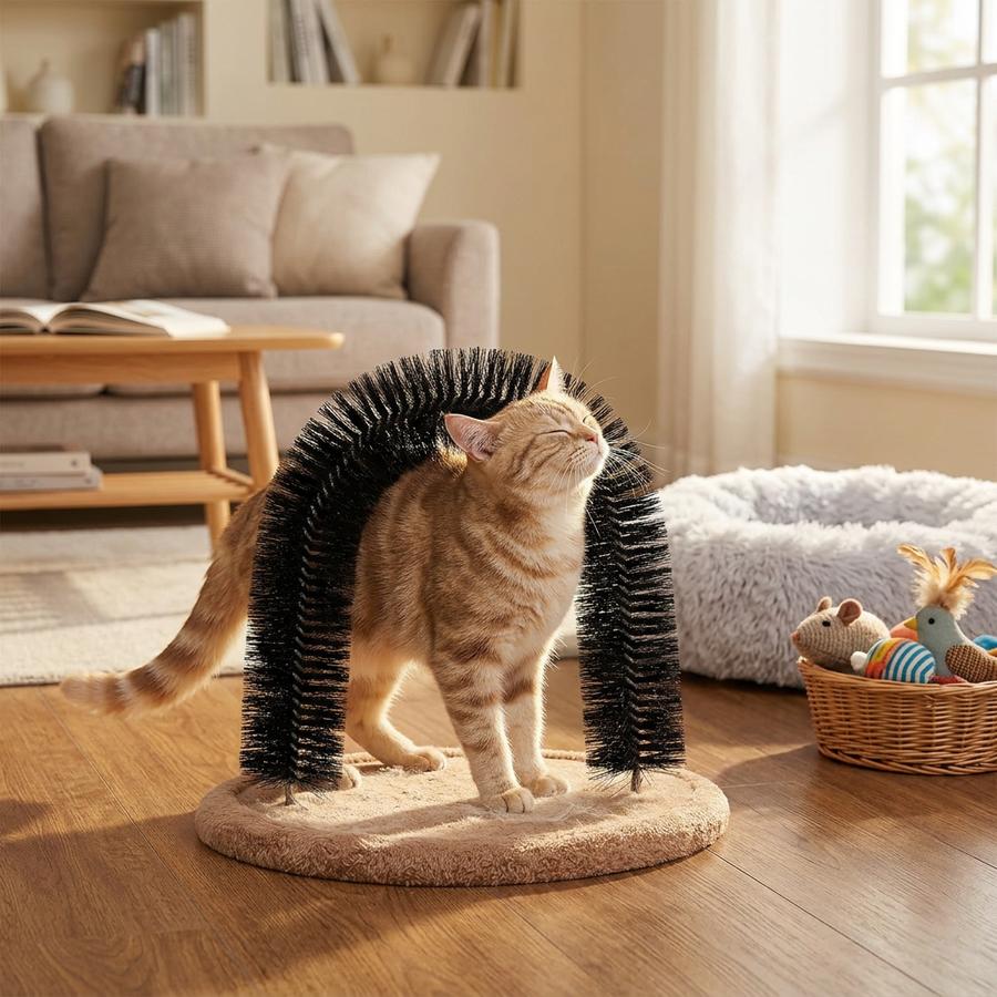 Hollypet Self-Grooming Cat Arch Brush and Scratcher in a real home setting