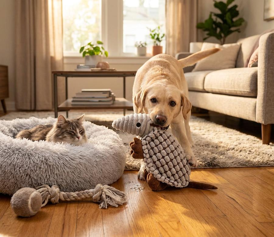 Hollypet Armadillo Plush Squeaky Dog Toy (8 in) in a real home setting