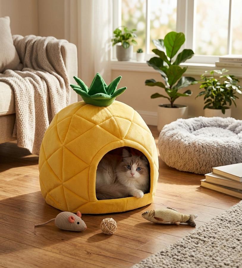 Hollypet Pineapple Cave Cat Bed (15×15×14 in) in a real home setting