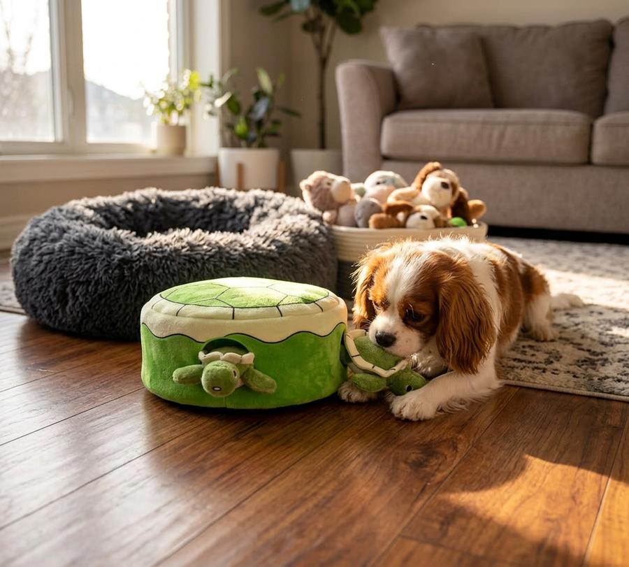 Small terrier pulling a plush tortoise out of a green turtle shell on a hardwood floor