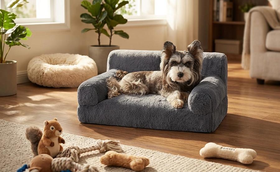 Hollypet Fluffy Plush Dog and Cat Couch Bed in a real home setting