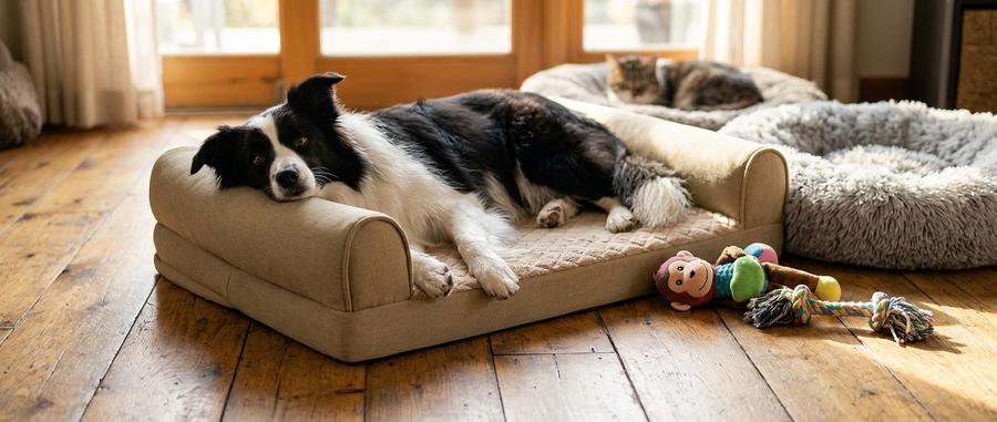 Senior golden Labrador resting on U-shape orthopedic bed by a sunlit window