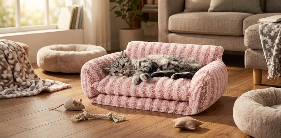 Hands unzipping the top cushion cover off a double-layer cat couch bed with egg-crate foam base visible