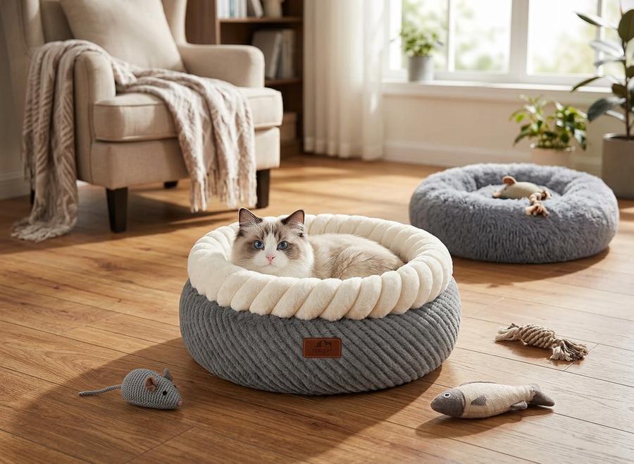 Hollypet Round Indoor Cat and Small-Dog Bed in a real home setting